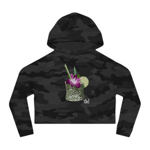 Women’s Tiki Drink Zombi Black Camo Cropped Hooded Sweatshirt With White Logo
